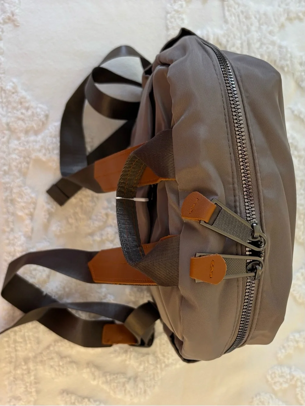Dafuqi Backpack Taupe Gray Tan Faux Leather Silver Accents medium size NWT